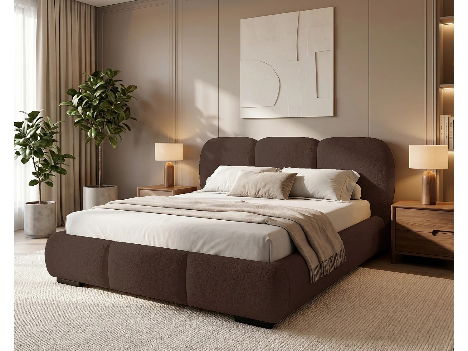 BESILIO Bed met opbergruimte en lattenbodem 200x200 Holi – tweepersoons gestoffeerd bed van bouclé-/teddystof – Bruin