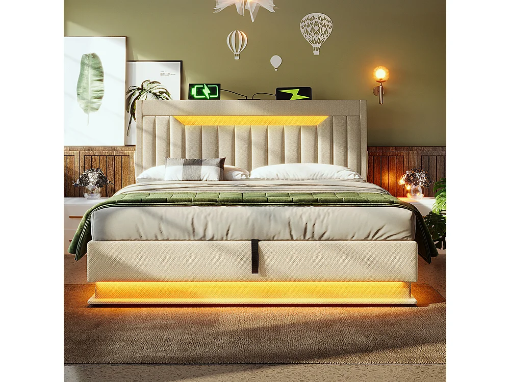 Lit coffre double 140x200 cm, Tête de lit avec rangement, USB-Type-C et éclairage LED, Lit hydraulique, Tissu lin, Beige, Sans matelas