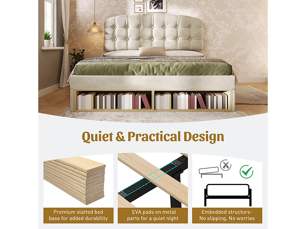 Lit double 140 x 190 cm, Lit adulte rembourré avec tiroirs et espace de rangement, Tête de lit réglable en hauteur, Sommier à lattes, Velours beige