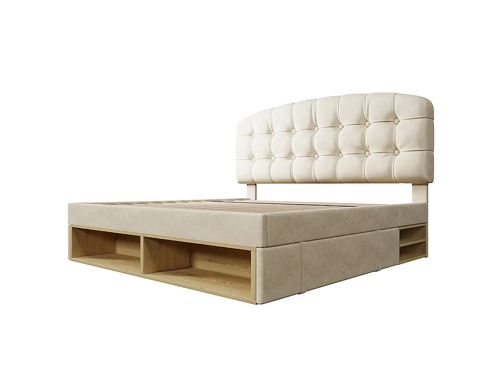 Lit double 140 x 190 cm, Lit adulte rembourré avec tiroirs et espace de rangement, Tête de lit réglable en hauteur, Sommier à lattes, Velours beige