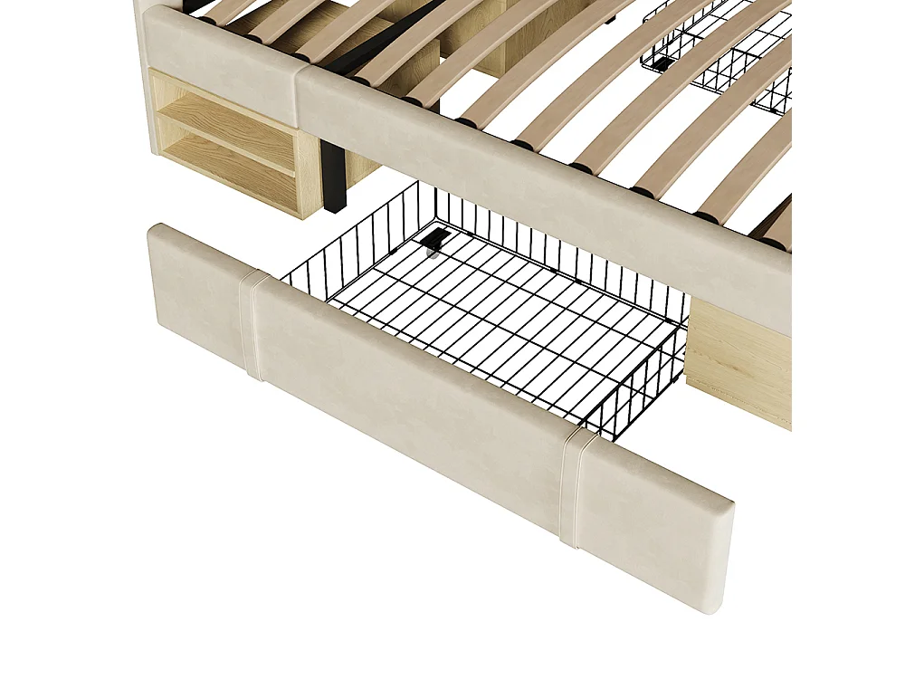 Lit double 140 x 190 cm, Lit adulte rembourré avec tiroirs et espace de rangement, Tête de lit réglable en hauteur, Sommier à lattes, Velours beige