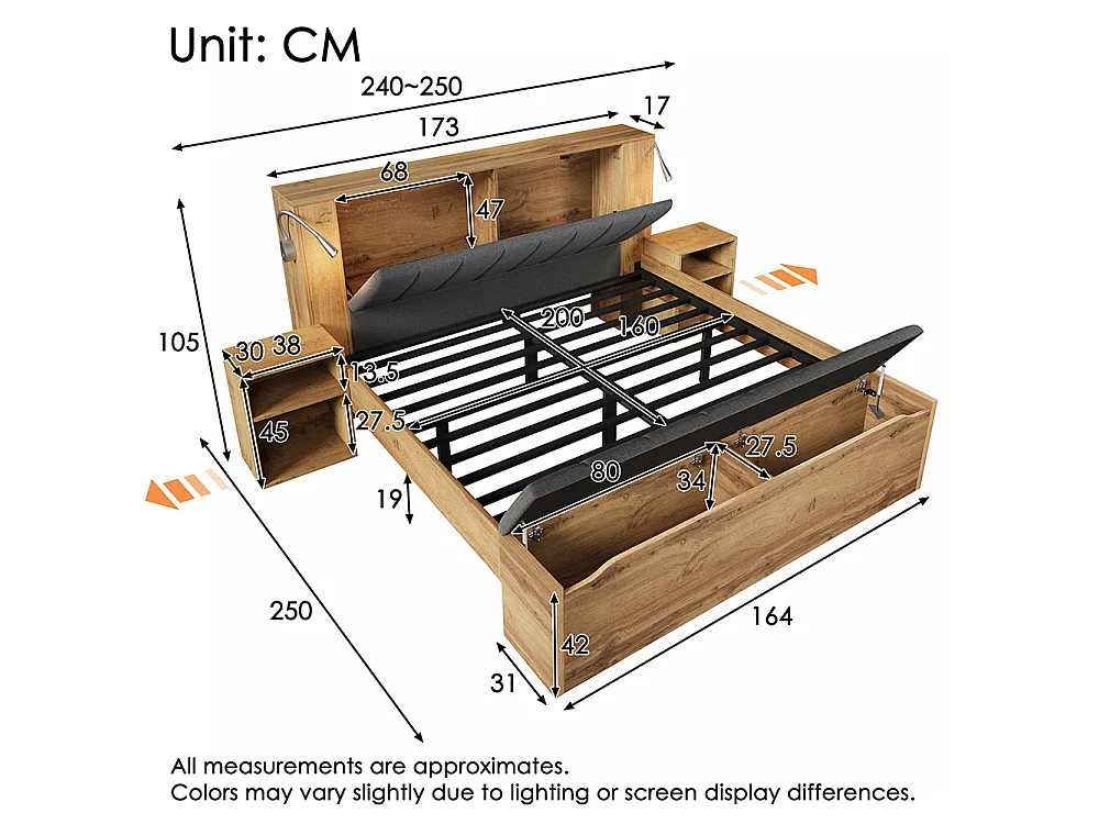 Lit 160x200 cm avec lampes de lecture, Deux tables de chevet, Lit double avec Port USB, Tête de lit rabattable revêtue et Rangement