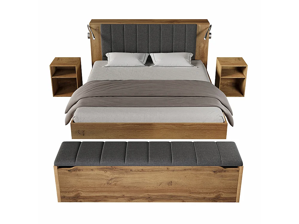 Lit 160x200 cm avec lampes de lecture, Deux tables de chevet, Lit double avec Port USB, Tête de lit rabattable revêtue et Rangement