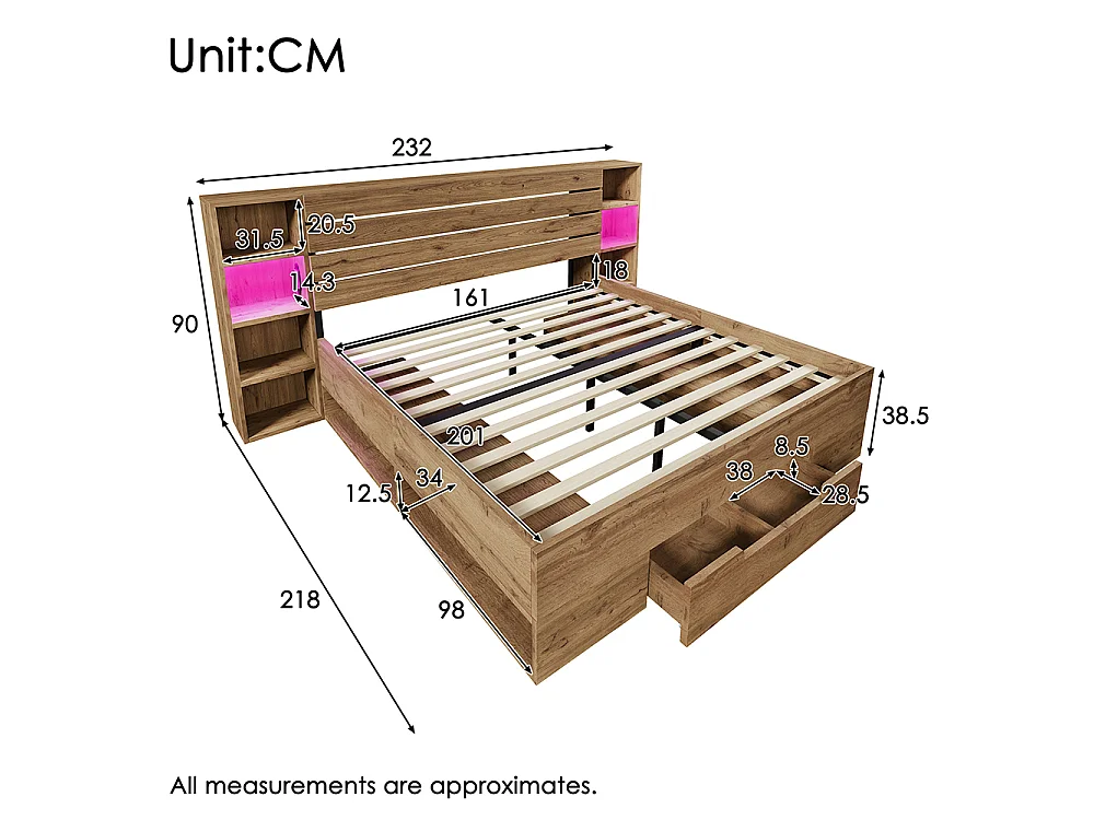 Lit adulte 160x200, Lit double avec chevets suspendus, Tiroirs, LED, Ports USB, Cadre de lit 2 Personnes avec rangement, Bois massif