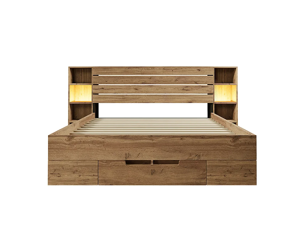Lit adulte 160x200, Lit double avec chevets suspendus, Tiroirs, LED, Ports USB, Cadre de lit 2 Personnes avec rangement, Bois massif