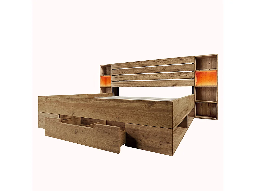 Lit adulte 160x200, Lit double avec chevets suspendus, Tiroirs, LED, Ports USB, Cadre de lit 2 Personnes avec rangement, Bois massif