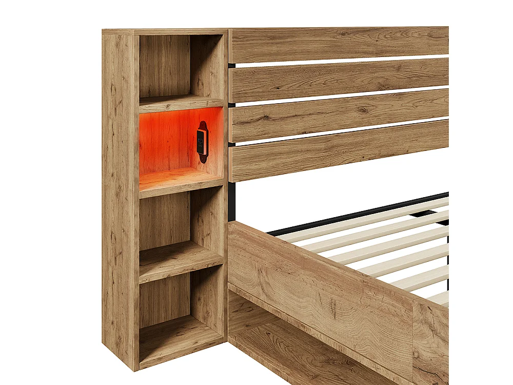 Lit adulte 160x200, Lit double avec chevets suspendus, Tiroirs, LED, Ports USB, Cadre de lit 2 Personnes avec rangement, Bois massif