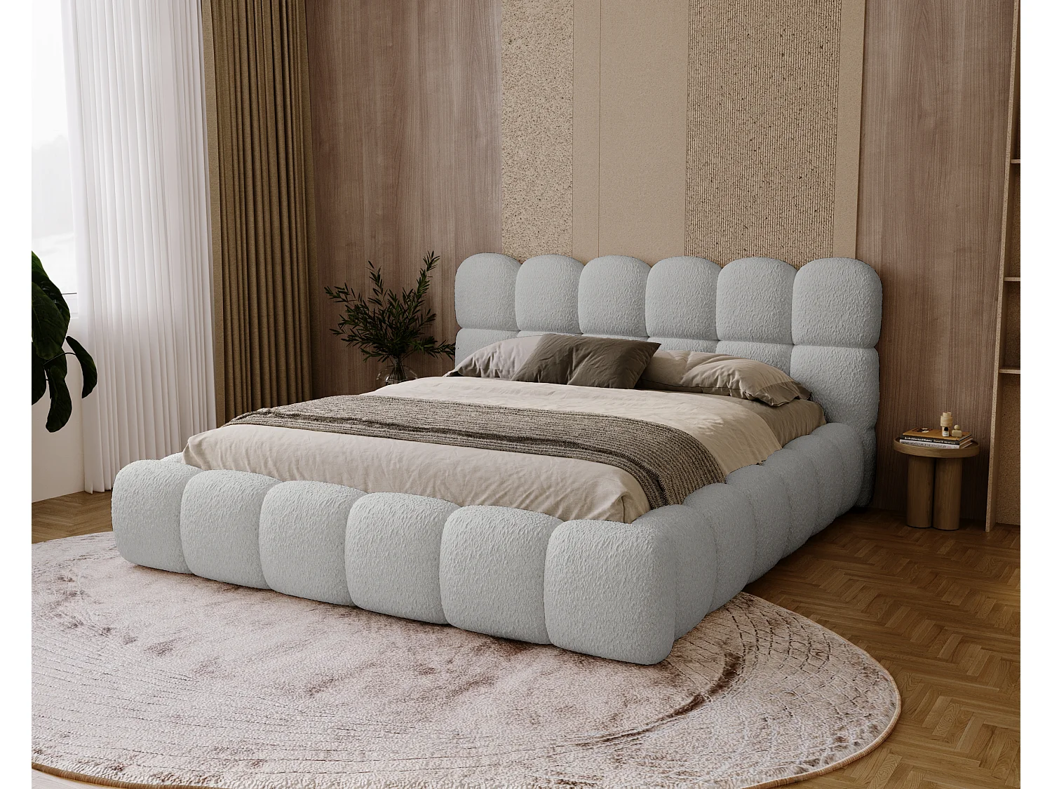 BESILIO Lit rembourré bouclé 120x200 Chicago - mousse épaisse, coffre de rangement et sommier - Gris clair