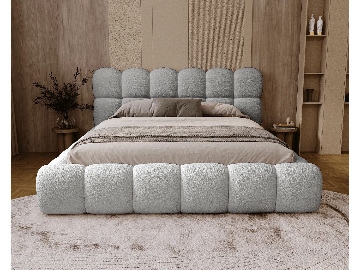 BESILIO Lit rembourré bouclé 120x200 Chicago - mousse épaisse, coffre de rangement et sommier - Gris clair