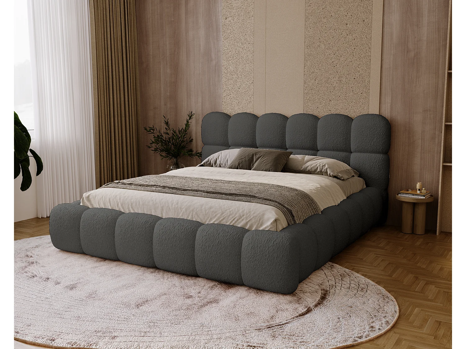 BESILIO Bouclé gestoffeerd bed 160x200 Chicago - dikke vulling, opbergruimte en lattenbodem - Grijs