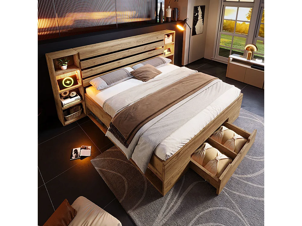 Lit adulte 180x200, Lit double avec chevets suspendus, Tiroirs, LED, Ports USB, Cadre de lit 2 Personnes avec rangement, Bois massif