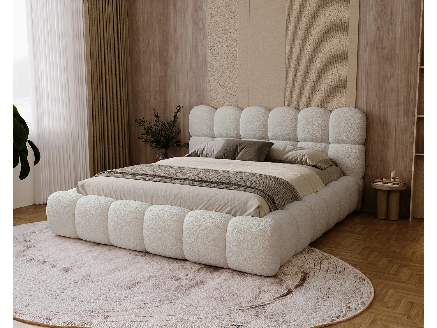 BESILIO Bouclé gestoffeerd bed 160x200 Chicago - dikke vulling, opbergruimte en lattenbodem - Beige