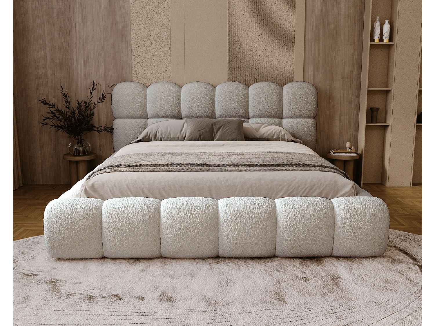 BESILIO Bouclé gestoffeerd bed 160x200 Chicago - dikke vulling, opbergruimte en lattenbodem - Beige