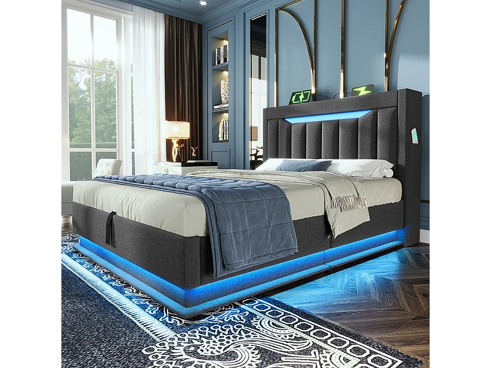 Lit coffre simple 90x200 cm, Tête de lit avec rangement, USB-Type-C et éclairage LED, Lit hydraulique, Tissu lin, Gris, Sans matelas