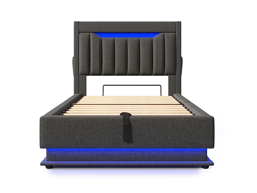 Lit coffre simple 90x200 cm, Tête de lit avec rangement, USB-Type-C et éclairage LED, Lit hydraulique, Tissu lin, Gris, Sans matelas