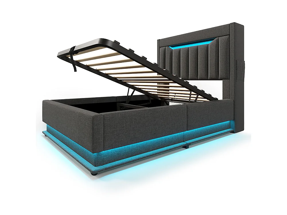 Lit coffre simple 90x200 cm, Tête de lit avec rangement, USB-Type-C et éclairage LED, Lit hydraulique, Tissu lin, Gris, Sans matelas