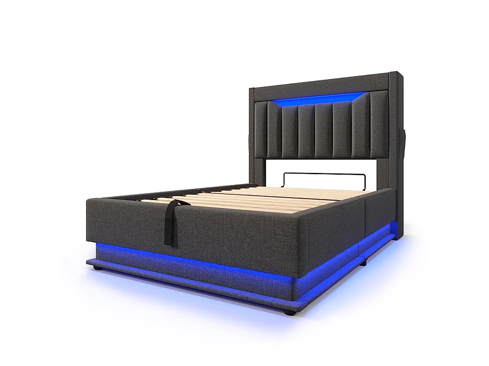 Lit coffre simple 90x200 cm, Tête de lit avec rangement, USB-Type-C et éclairage LED, Lit hydraulique, Tissu lin, Gris, Sans matelas