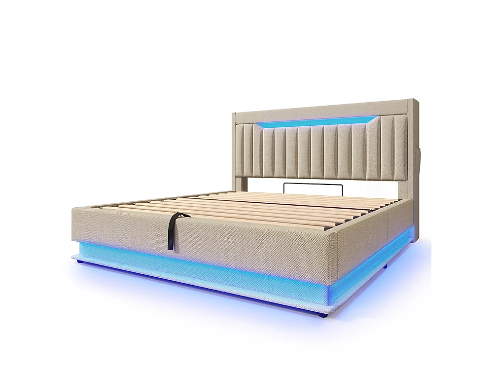 Lit coffre double 180x200 cm, Tête de lit avec rangement, USB-Type-C et éclairage LED, Lit hydraulique, Tissu lin, Beige, Sans matelas