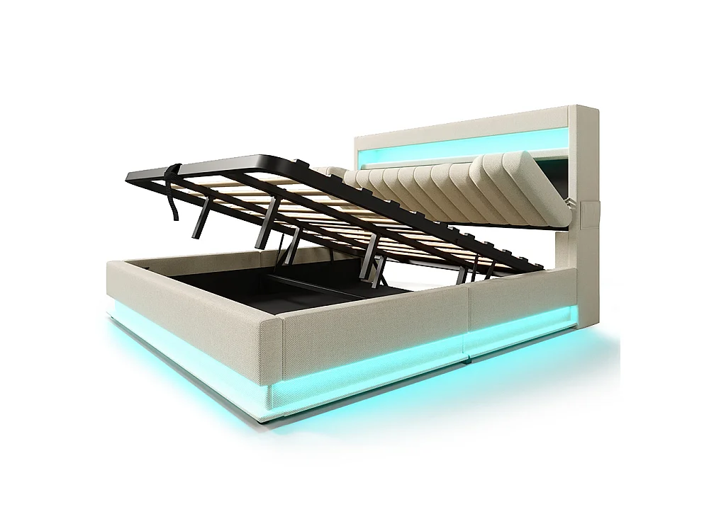 Lit coffre double 180x200 cm, Tête de lit avec rangement, USB-Type-C et éclairage LED, Lit hydraulique, Tissu lin, Beige, Sans matelas
