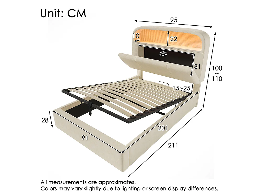 Lit coffre capitonné 90x200cm avec LED, ports USB et Type-C, tissu en velours, tête de lit avec espace de rangement et réglable, Beige