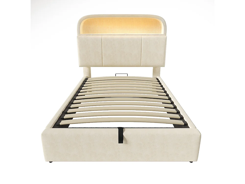 Lit coffre capitonné 90x200cm avec LED, ports USB et Type-C, tissu en velours, tête de lit avec espace de rangement et réglable, Beige