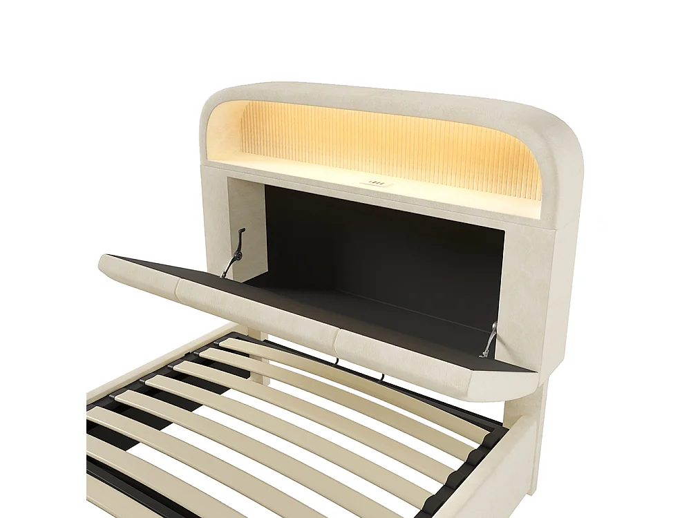 Lit coffre capitonné 90x200cm avec LED, ports USB et Type-C, tissu en velours, tête de lit avec espace de rangement et réglable, Beige