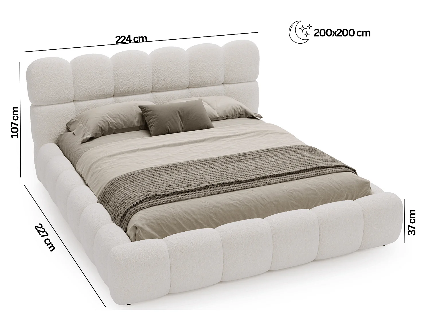 BESILIO Lit rembourré bouclé 200x200 Chicago - mousse épaisse, coffre de rangement et sommier - Crème