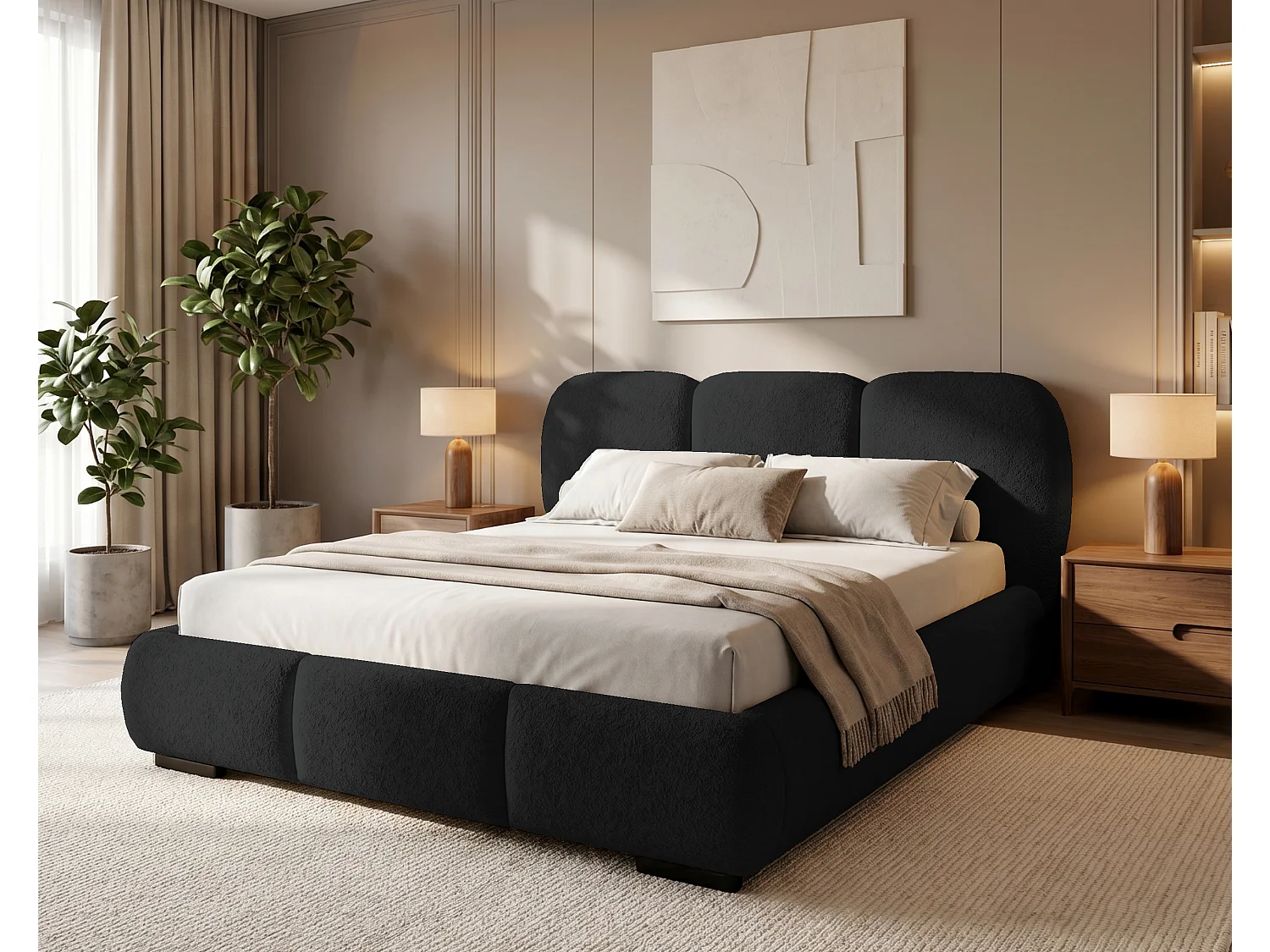 BESILIO Bed met opbergruimte en lattenbodem 180x200 Holi – tweepersoons gestoffeerd bed van bouclé-/teddystof – Zwart
