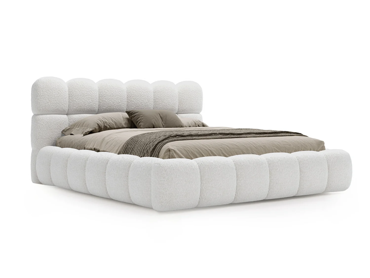 BESILIO Lit rembourré bouclé 200x200 Chicago - mousse épaisse, coffre de rangement et sommier - Blanc