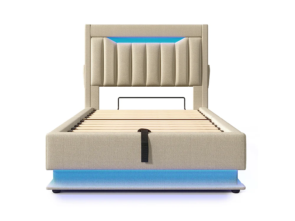 Lit coffre simple 90x200 cm, Tête de lit avec rangement, USB-Type-C et éclairage LED, Lit hydraulique, Tissu lin, Beige, Sans matelas