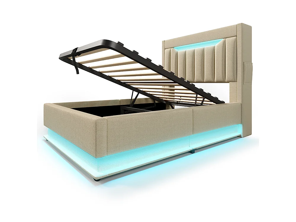 Lit coffre simple 90x200 cm, Tête de lit avec rangement, USB-Type-C et éclairage LED, Lit hydraulique, Tissu lin, Beige, Sans matelas