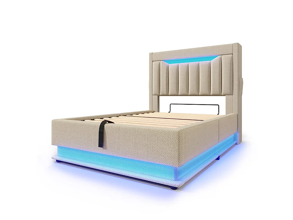 Lit coffre simple 90x200 cm, Tête de lit avec rangement, USB-Type-C et éclairage LED, Lit hydraulique, Tissu lin, Beige, Sans matelas