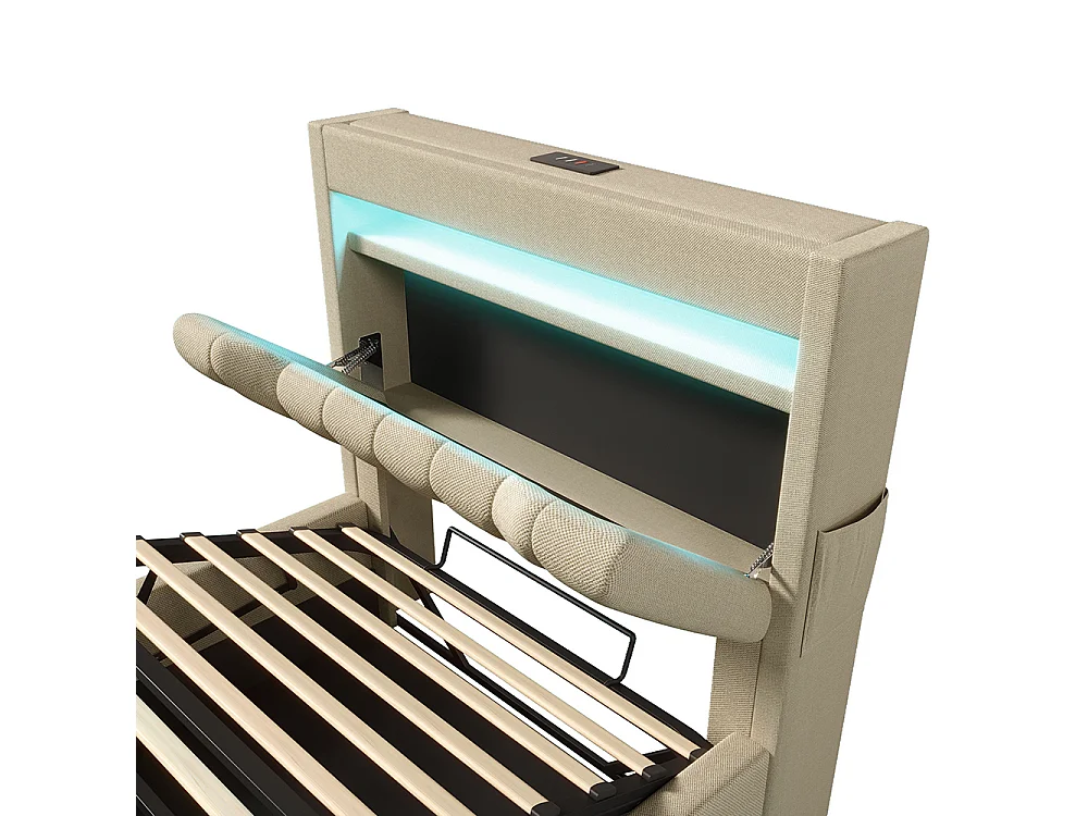 Lit coffre simple 90x200 cm, Tête de lit avec rangement, USB-Type-C et éclairage LED, Lit hydraulique, Tissu lin, Beige, Sans matelas