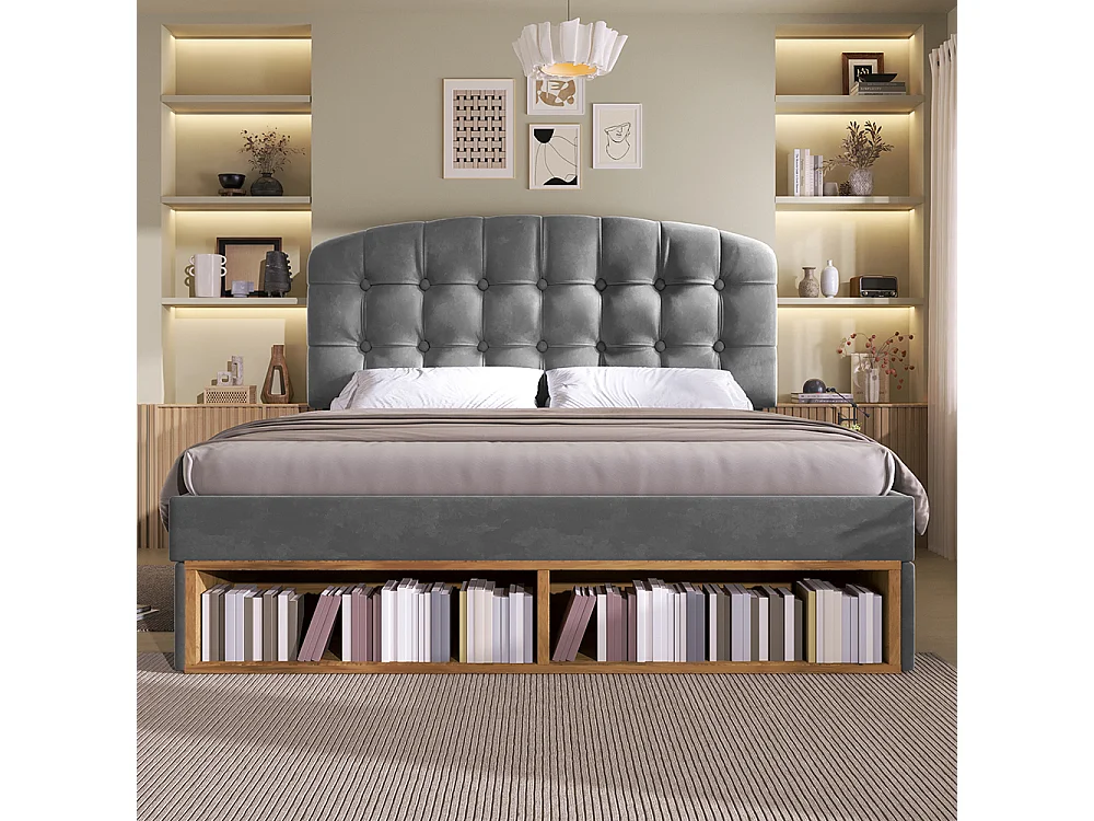 Lit double 140 x 200 cm, Lit adulte rembourré avec tiroirs et espace de rangement, Tête de lit réglable en hauteur, Sommier à lattes, Velours gris
