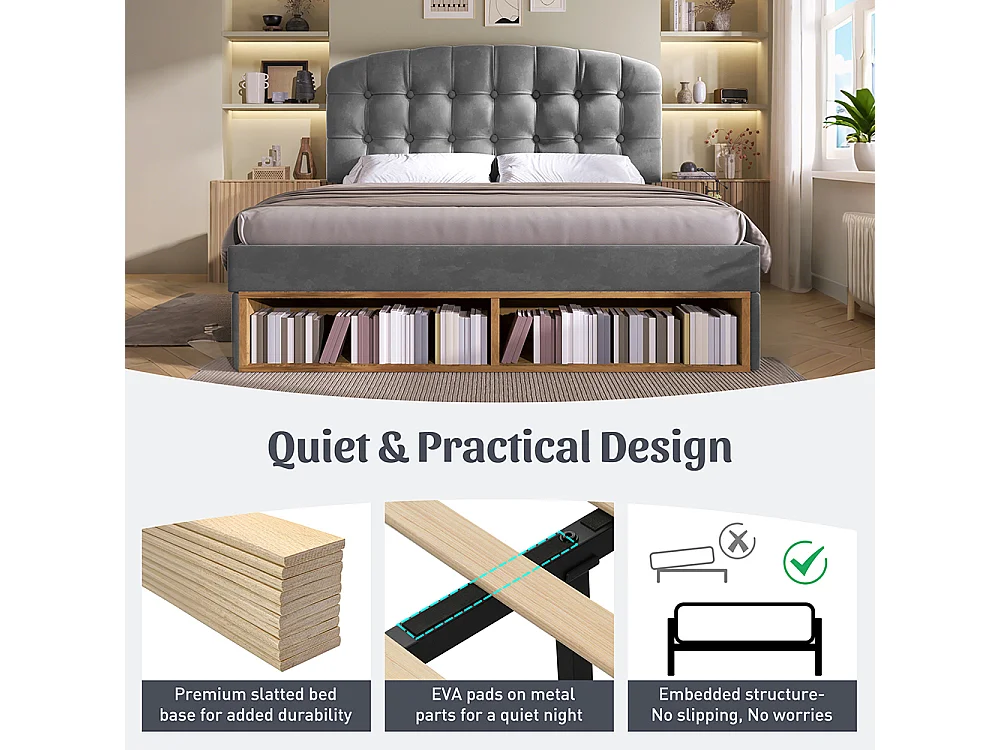 Lit double 140 x 200 cm, Lit adulte rembourré avec tiroirs et espace de rangement, Tête de lit réglable en hauteur, Sommier à lattes, Velours gris
