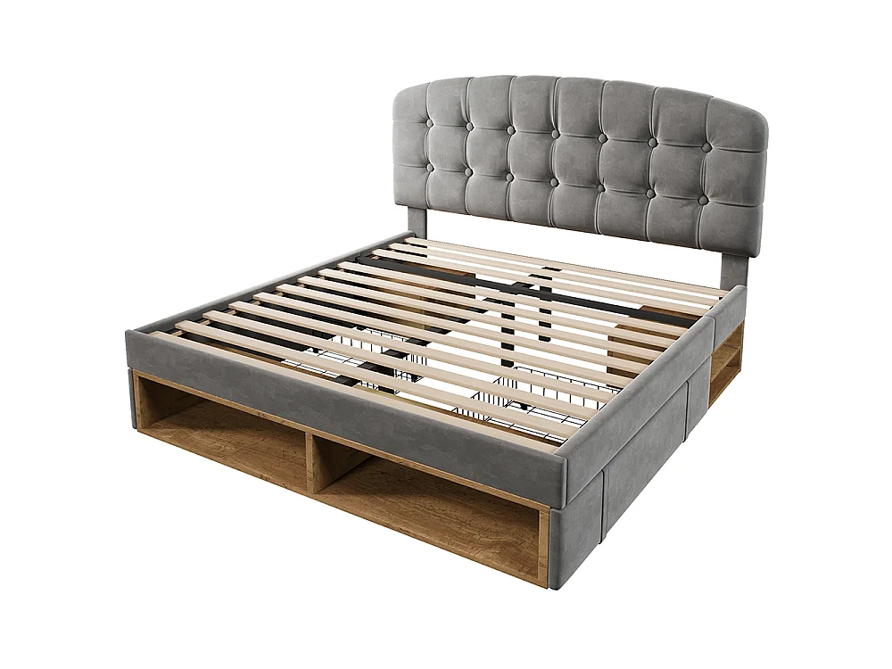 Lit double 140 x 200 cm, Lit adulte rembourré avec tiroirs et espace de rangement, Tête de lit réglable en hauteur, Sommier à lattes, Velours gris