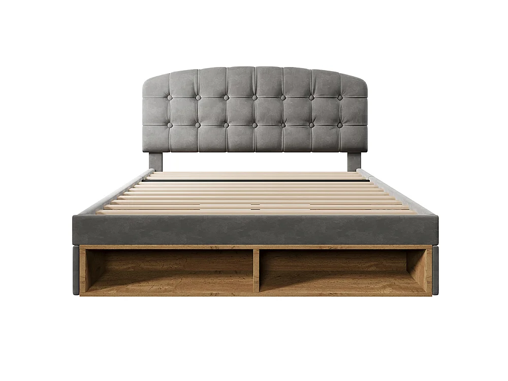 Lit double 140 x 200 cm, Lit adulte rembourré avec tiroirs et espace de rangement, Tête de lit réglable en hauteur, Sommier à lattes, Velours gris