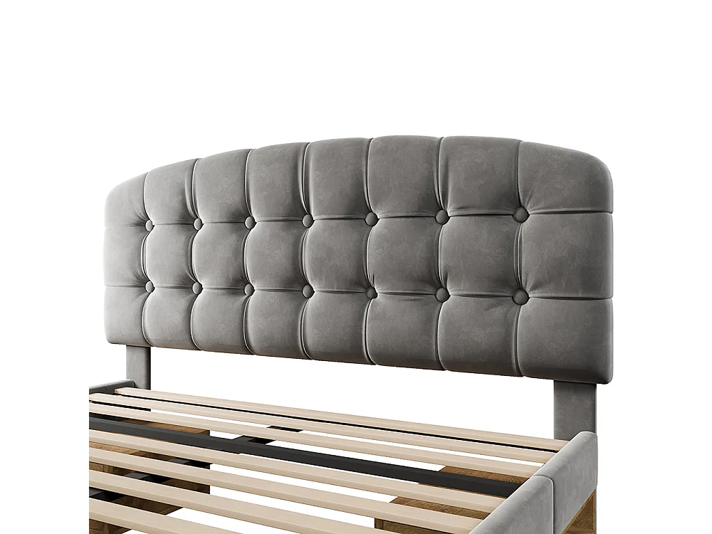 Lit double 140 x 200 cm, Lit adulte rembourré avec tiroirs et espace de rangement, Tête de lit réglable en hauteur, Sommier à lattes, Velours gris