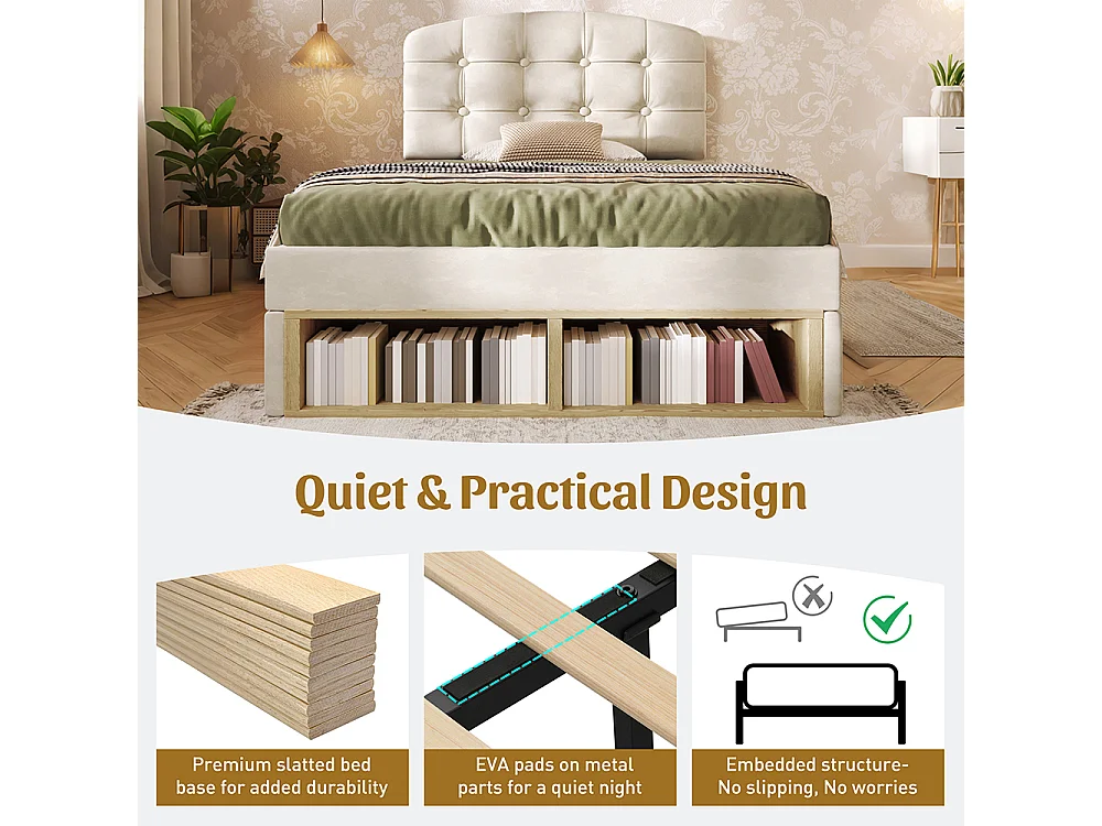 Lit simple 90 x 200 cm, Lit adulte rembourré avec tiroirs et espace de rangement, Tête de lit réglable en hauteur, Sommier à lattes, Velours beige
