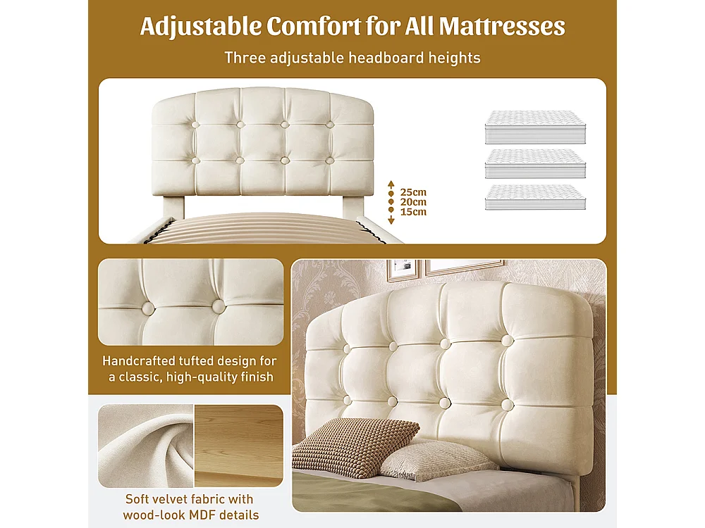 Lit simple 90 x 200 cm, Lit adulte rembourré avec tiroirs et espace de rangement, Tête de lit réglable en hauteur, Sommier à lattes, Velours beige