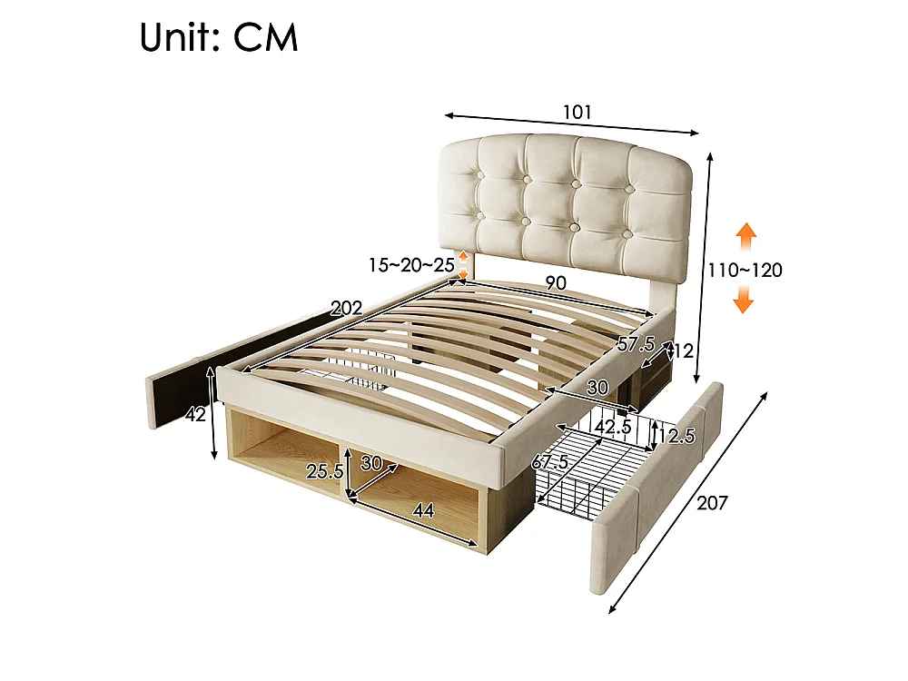 Lit simple 90 x 200 cm, Lit adulte rembourré avec tiroirs et espace de rangement, Tête de lit réglable en hauteur, Sommier à lattes, Velours beige