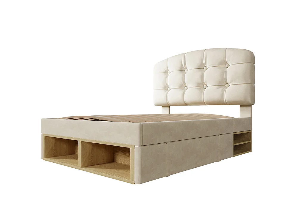 Lit simple 90 x 200 cm, Lit adulte rembourré avec tiroirs et espace de rangement, Tête de lit réglable en hauteur, Sommier à lattes, Velours beige