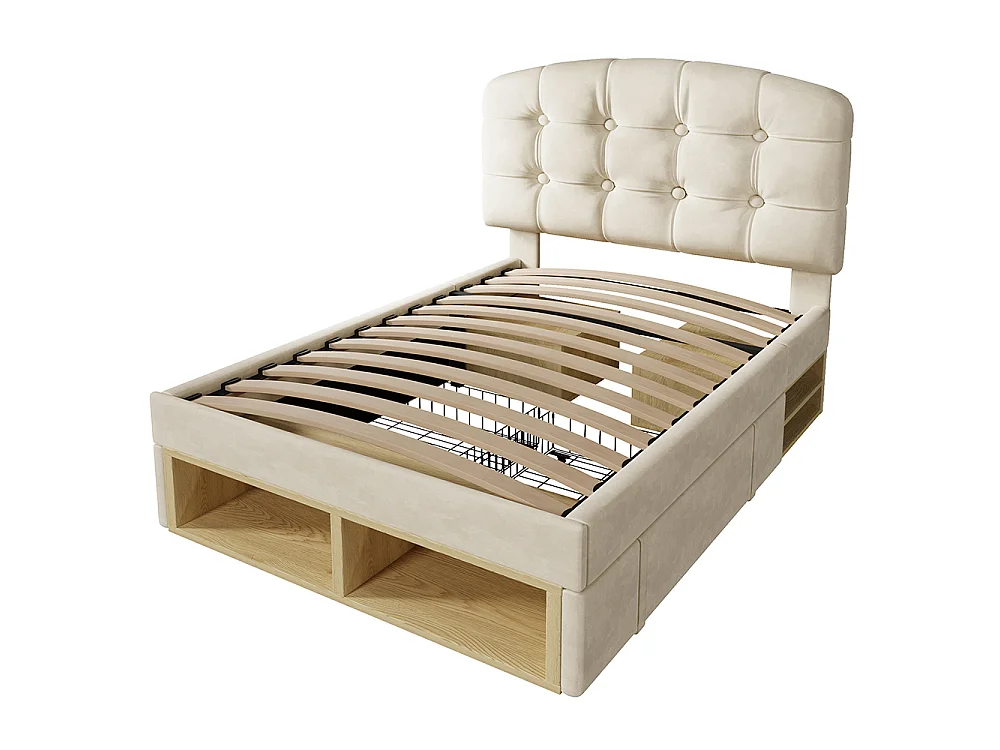 Lit simple 90 x 200 cm, Lit adulte rembourré avec tiroirs et espace de rangement, Tête de lit réglable en hauteur, Sommier à lattes, Velours beige