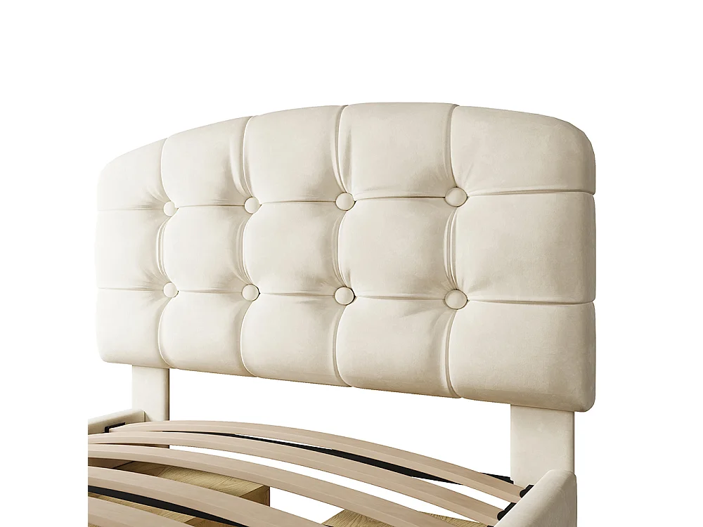 Lit simple 90 x 200 cm, Lit adulte rembourré avec tiroirs et espace de rangement, Tête de lit réglable en hauteur, Sommier à lattes, Velours beige
