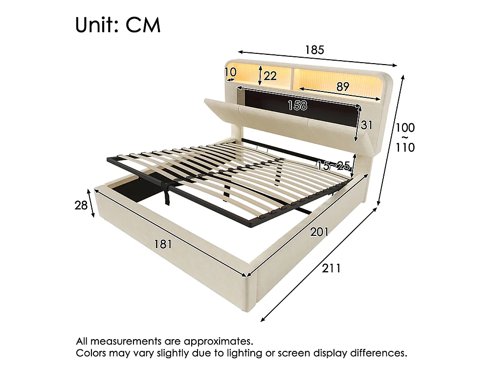 Lit coffre capitonné 180x200cm avec LED, ports USB et Type-C, tissu en velours, tête de lit avec espace de rangement et réglable, Beige