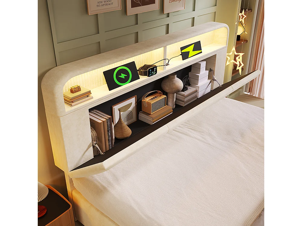 Lit coffre capitonné 180x200cm avec LED, ports USB et Type-C, tissu en velours, tête de lit avec espace de rangement et réglable, Beige