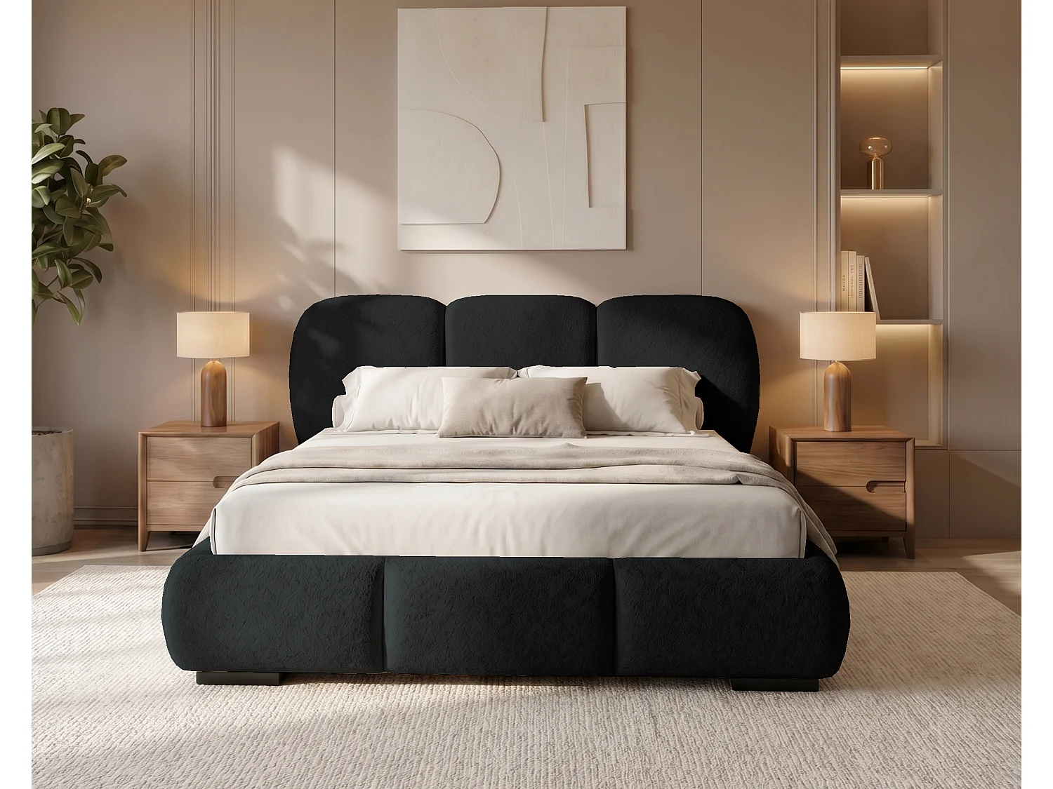 BESILIO Bed met opbergruimte en lattenbodem 160x200 Holi – tweepersoons gestoffeerd bed van bouclé-/teddystof –  Zwart