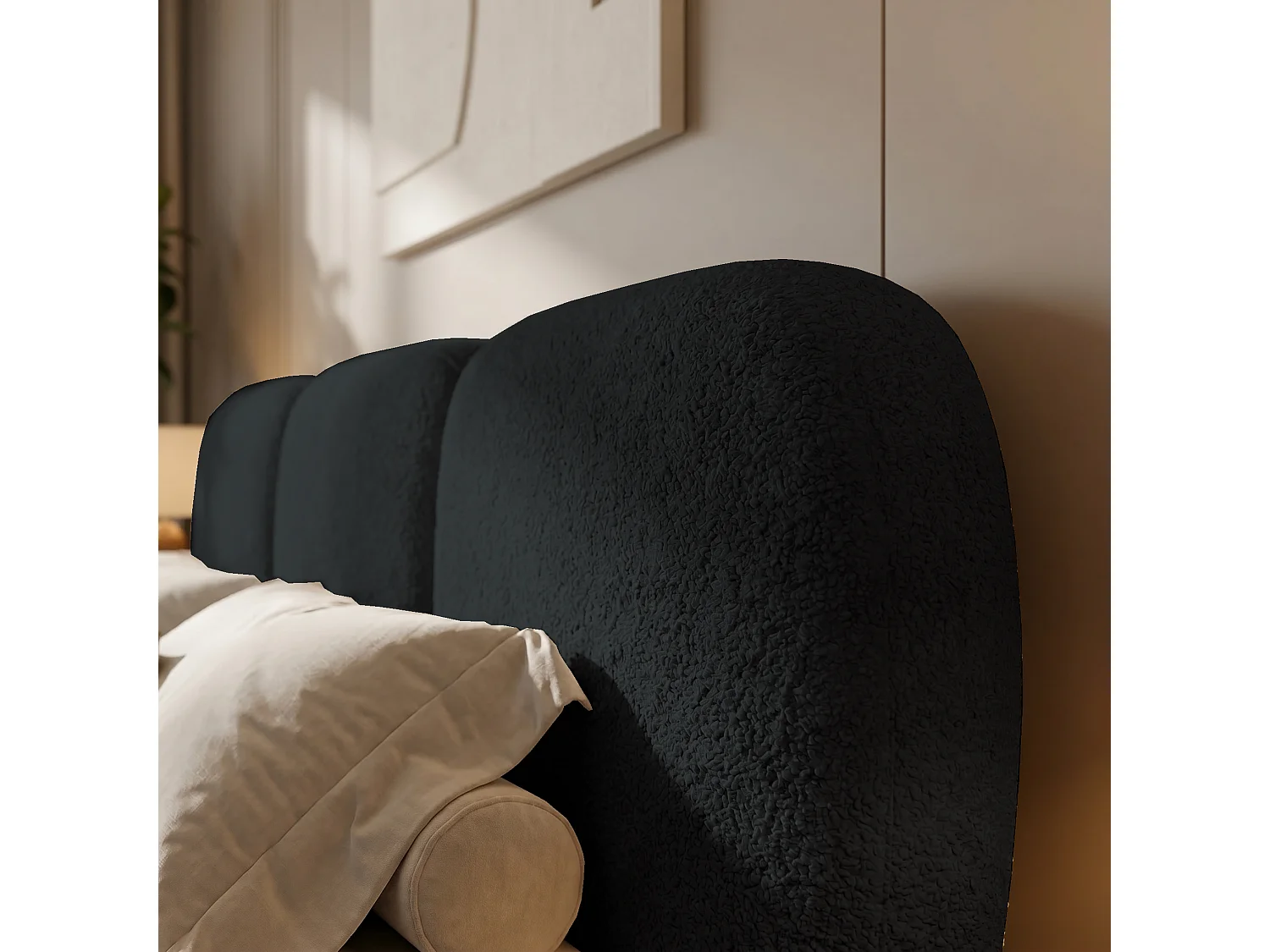 BESILIO Bed met opbergruimte en lattenbodem 160x200 Holi – tweepersoons gestoffeerd bed van bouclé-/teddystof –  Zwart