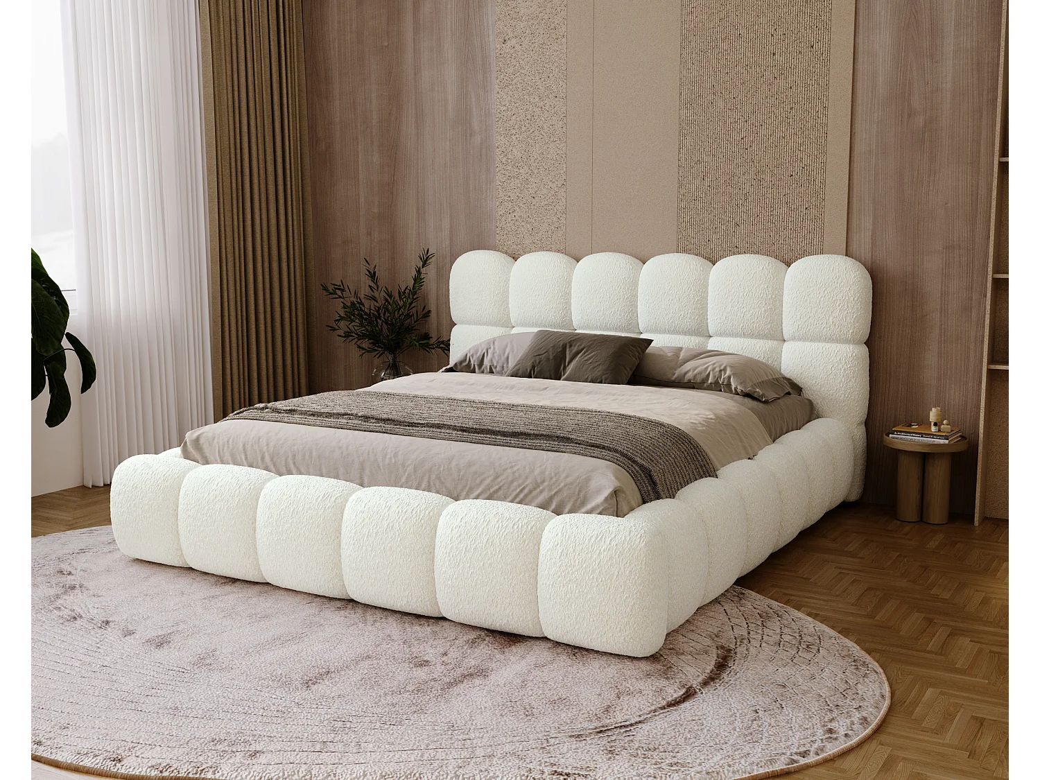BESILIO Lit rembourré bouclé 140x200 Chicago - mousse épaisse, coffre de rangement et sommier - Crème