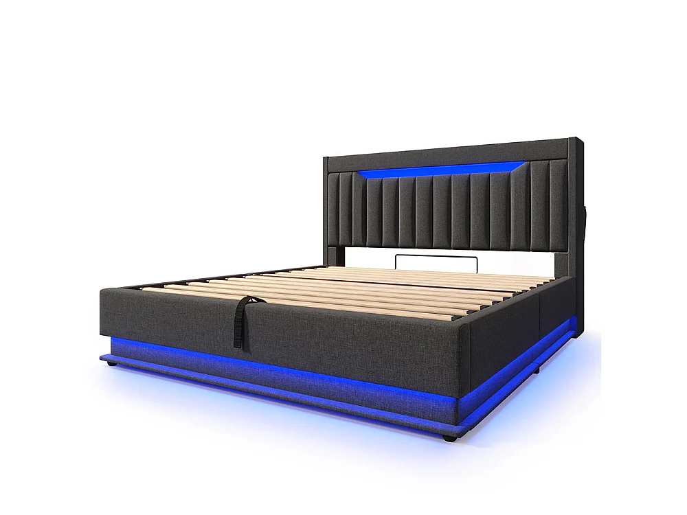 Lit coffre double 160x200 cm, Tête de lit avec rangement, USB-Type-C et éclairage LED, Lit hydraulique, Tissu lin, Gris, Sans matelas